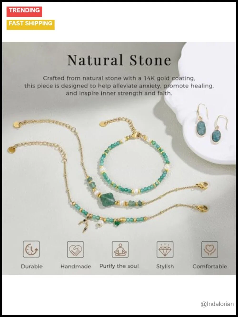 3PC Beaded Bracelet Set Stackable 14k Gold Plated Natural Stone